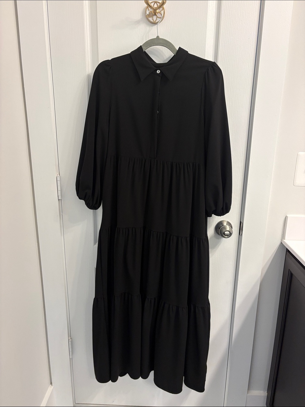 Tuckernuck Black Long Tiered Shirt Dress with Puff Sleeves
